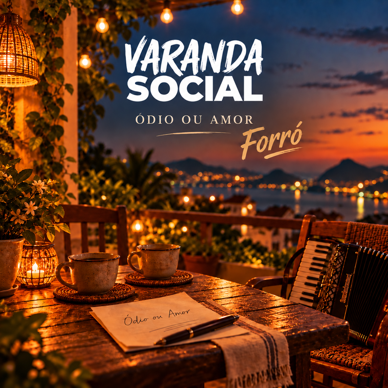 Capa do single Ódio ou Amor (Forró): varanda iluminada com sanfona e duas xícaras