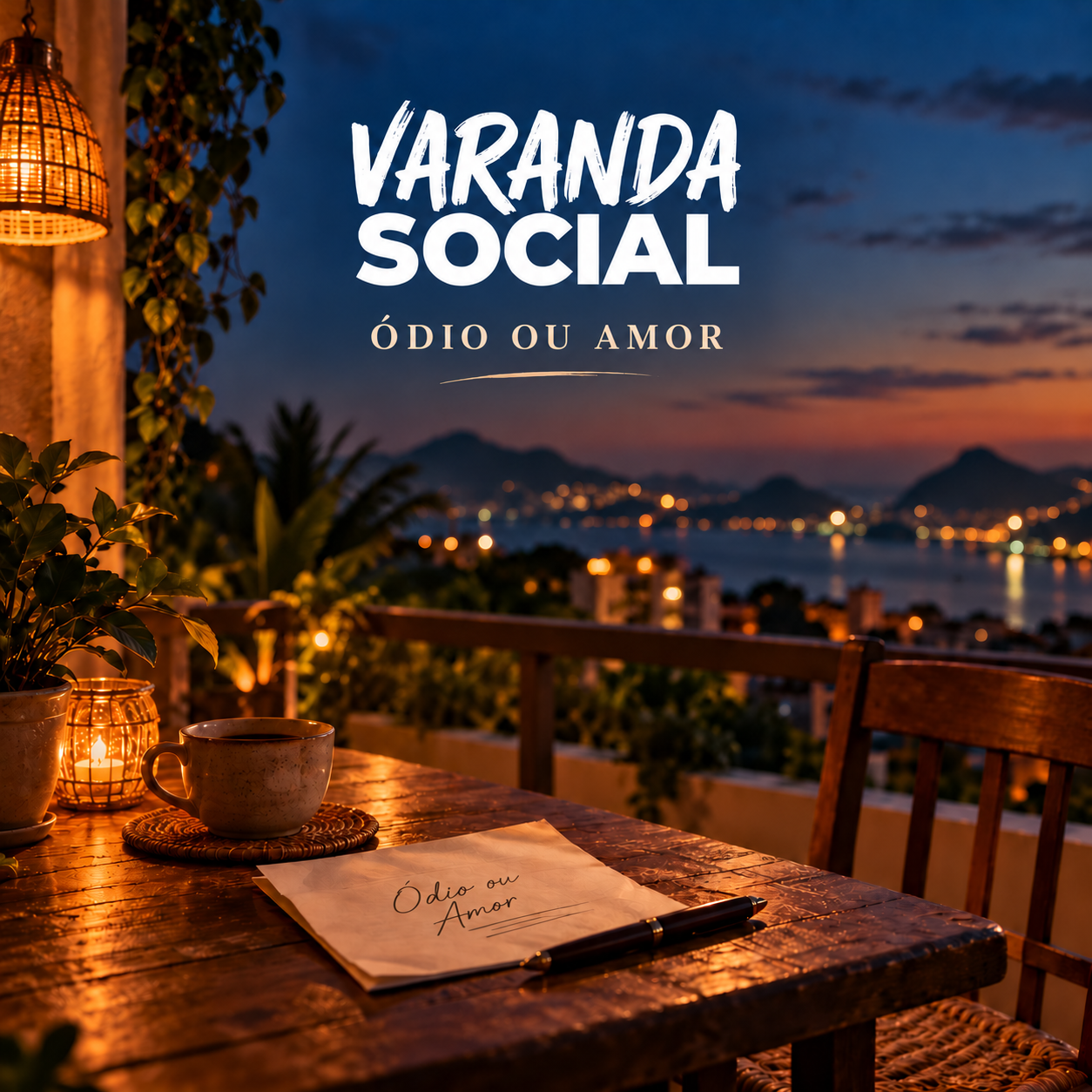 Capa do single Ódio ou Amor: uma mesa de varanda com caderno e vista da cidade